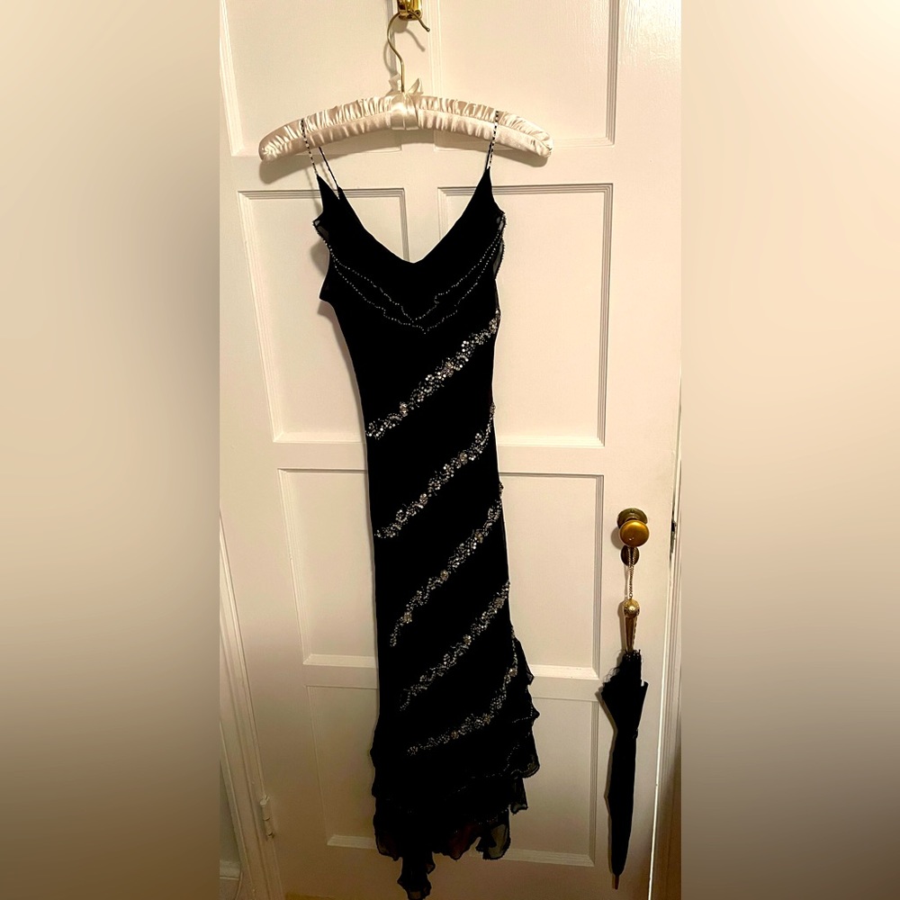 Black Silk Dress ECI New York - twirly and light with asymmetrical hem & beading